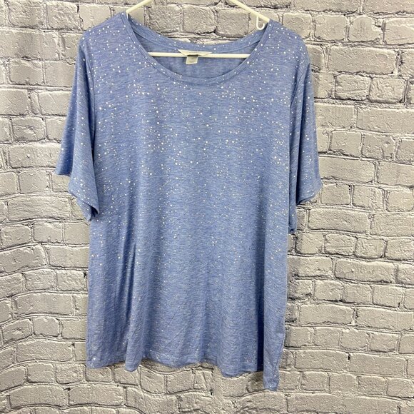 Set Of 3 CJ Banks Womens Short Sleeve Tops 2X Blue & Beige With Sparkle & Print - Picture 2 of 16